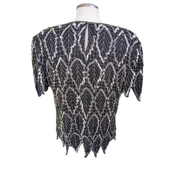 Laurence Kazar Vintage Silk Blouse Womens L Black Silver Sequin Holidays Event - Picture 5 of 7